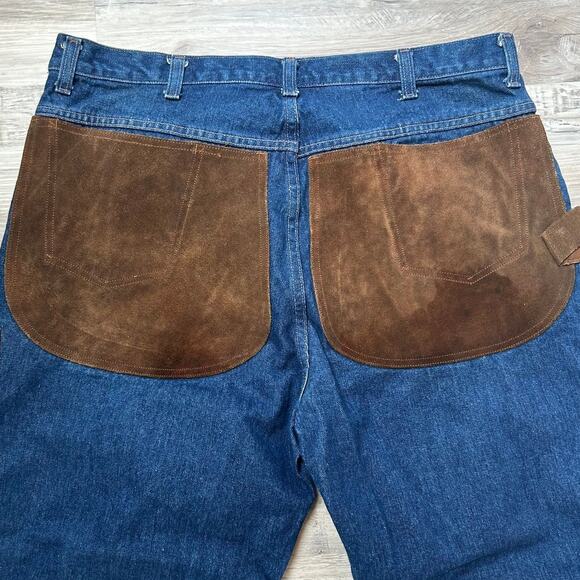 JD American Workwear Jeans Blue Denim Brown Suede Patch Carpenter Pants 40x28 - Picture 6 of 9